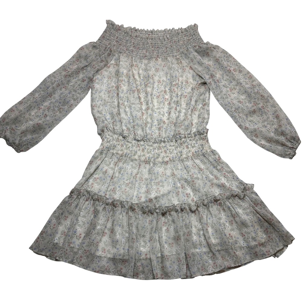 Muche Muchette Mini Dress Off-Shoulder Gray Floral Excellent Smocked Ruffle OS
